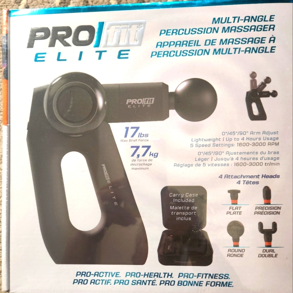 PRO-FIT PERCUSSION-HAND HELD MUSCLE MASSAGER-5 SPEED/4 HEAD/CARRYING CASE-NIB